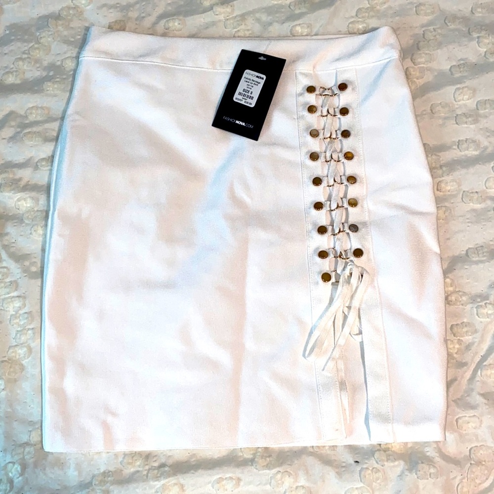 Fashion Nova White Lace-Up Mini Skirt with Gold Eyelets